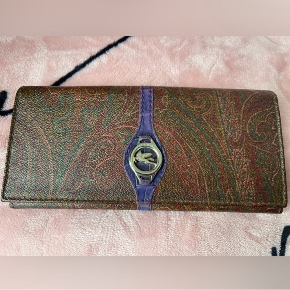 ETRO Vintage Rare Paisley Long Wallet With A Beautiful Purple Accent & Mono